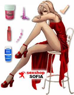 Секси курва, оскъдно облечена в червена рокля седнала на стол, а около нея развърляни стоки и играчки продавани в секс магазин София.